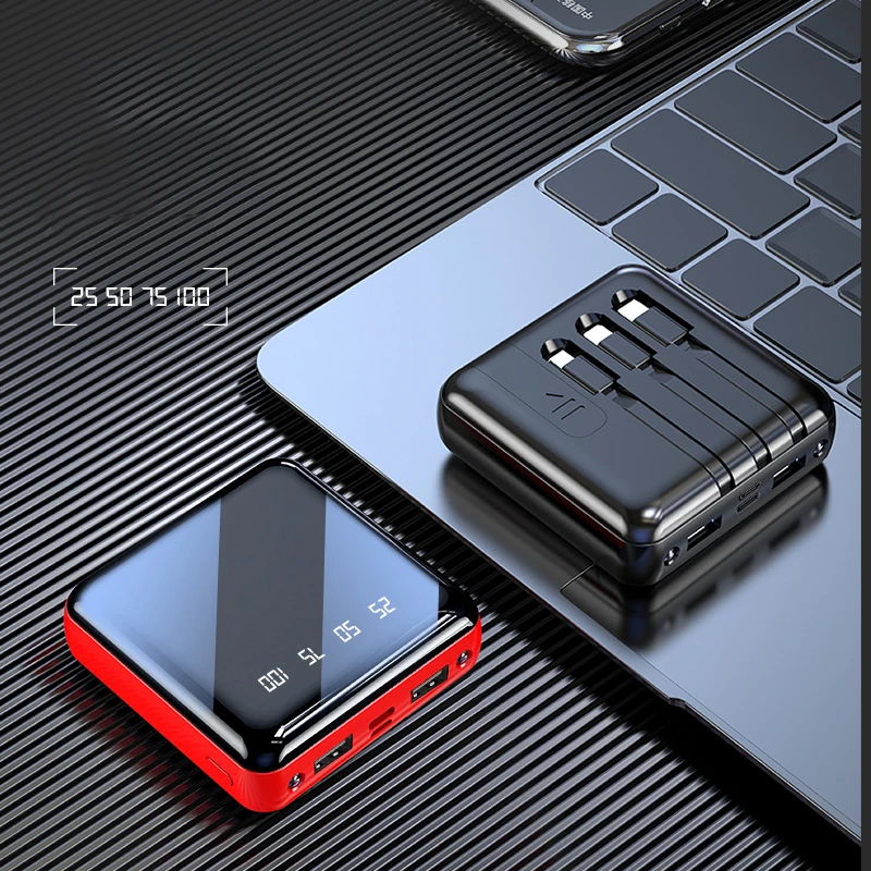20000mAh Mini Built in Cable Portable Charger Full Mirror Screen Powerbank External Battery Pack Power Bank with Dual