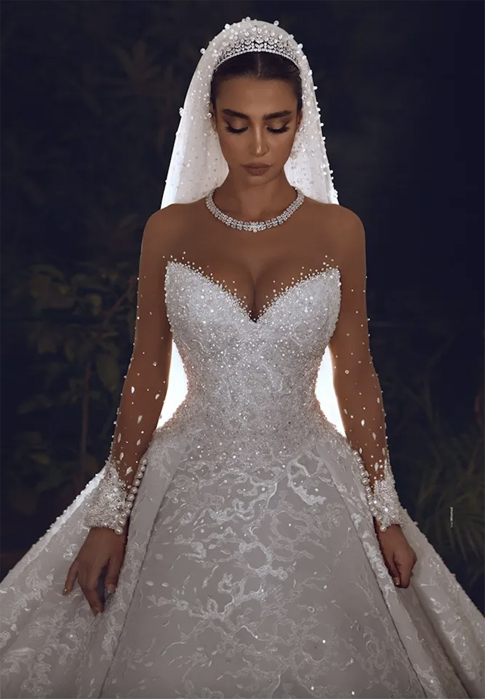 Arabic Vintage Wedding Dresses Crystals Sheer Long Sleeve Lace Beaded Ball Gown vestido de novia Bridal Dress 0509