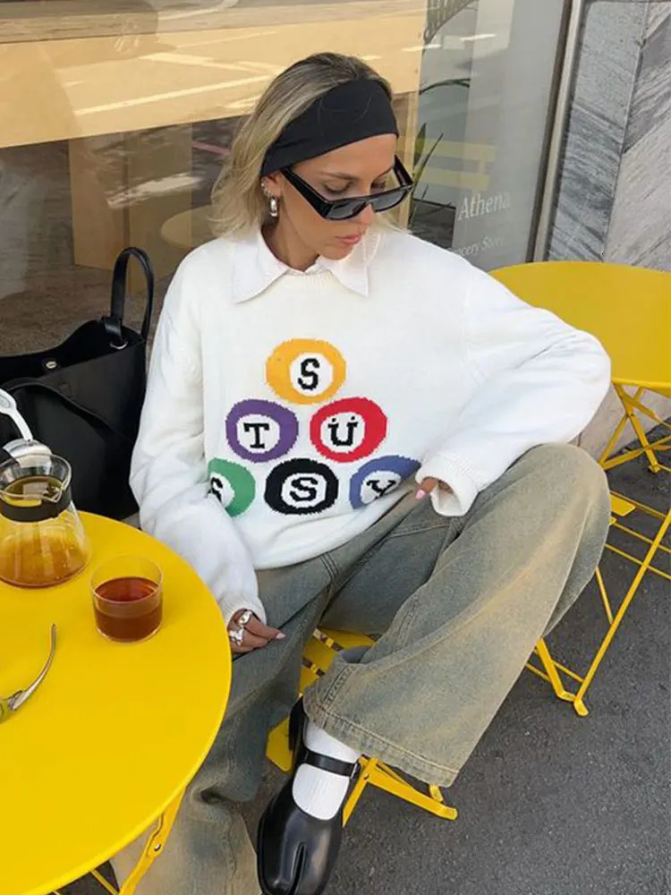 Letter Printed Knitted Loose Sweater for Women Fashion Crew Neck Long Sleeve Warm Pullover Female Casual Chic High Street Tops 240130