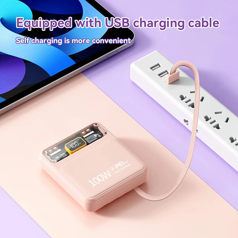 Miniso 100W Power Bank 30000mAh Fast Charging PD 20W Portable Power Bank With Built-in Cable Multi-color Matching Free Shipping