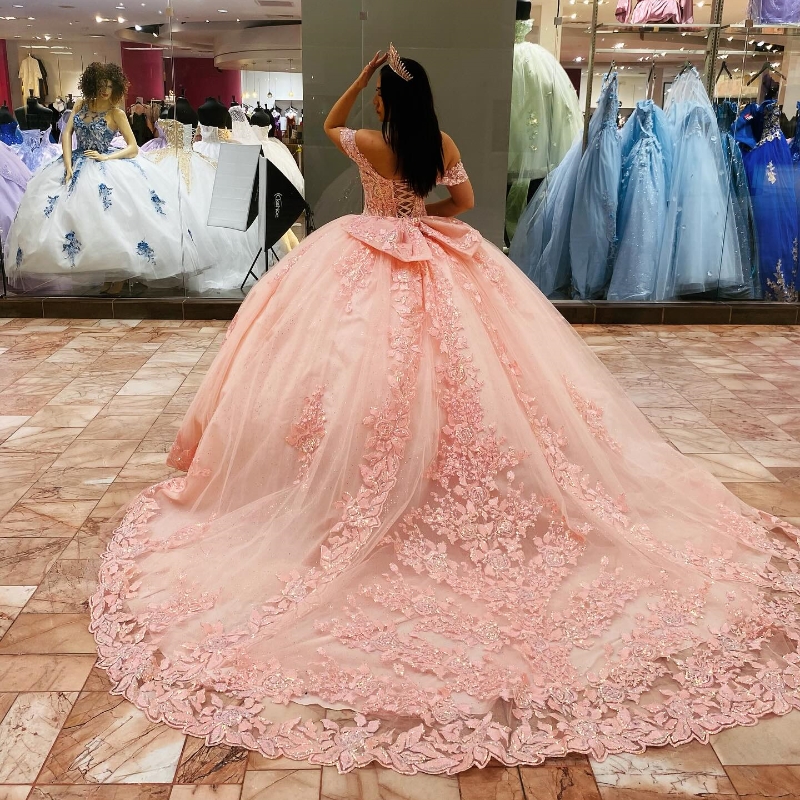 Sparkly Pink Quinceanera 2024 Ball Gown Appliques Lace Beading Tull Puffy Skirt Sweet 16 Dress Vestidos De 15 0629