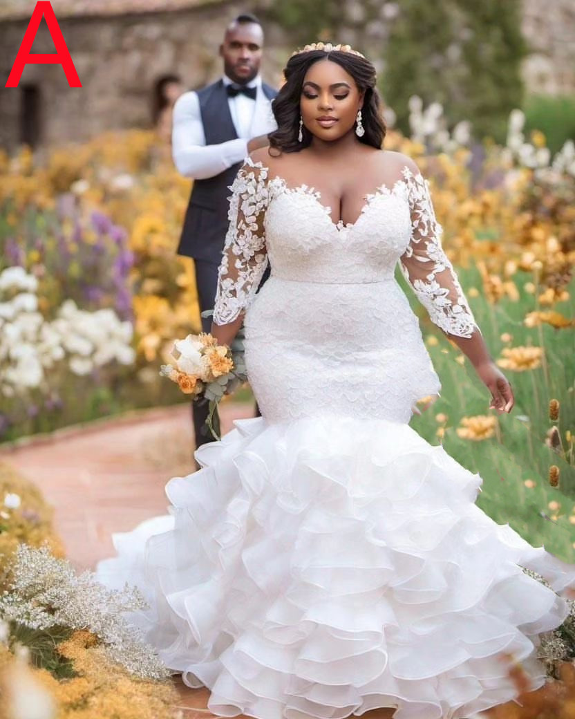 2024 Arabic Aso Ebi Plus Size White Lace Mermaid Wedding Dress Sheer Neck Long Sleeves Bridal Gowns Dresses