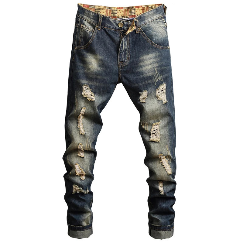 Men Jeans Streetwear Ripped Denim Pants Trend Trousers Hole Ruined Casual Biker Destroyed Regular Straight 240131