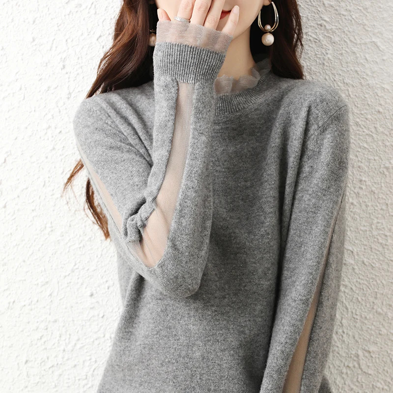 Lace collar Cashmere Elegant Women Sweater Knitted Pullovers Loose Soft Female Knitwear Jumper 240130