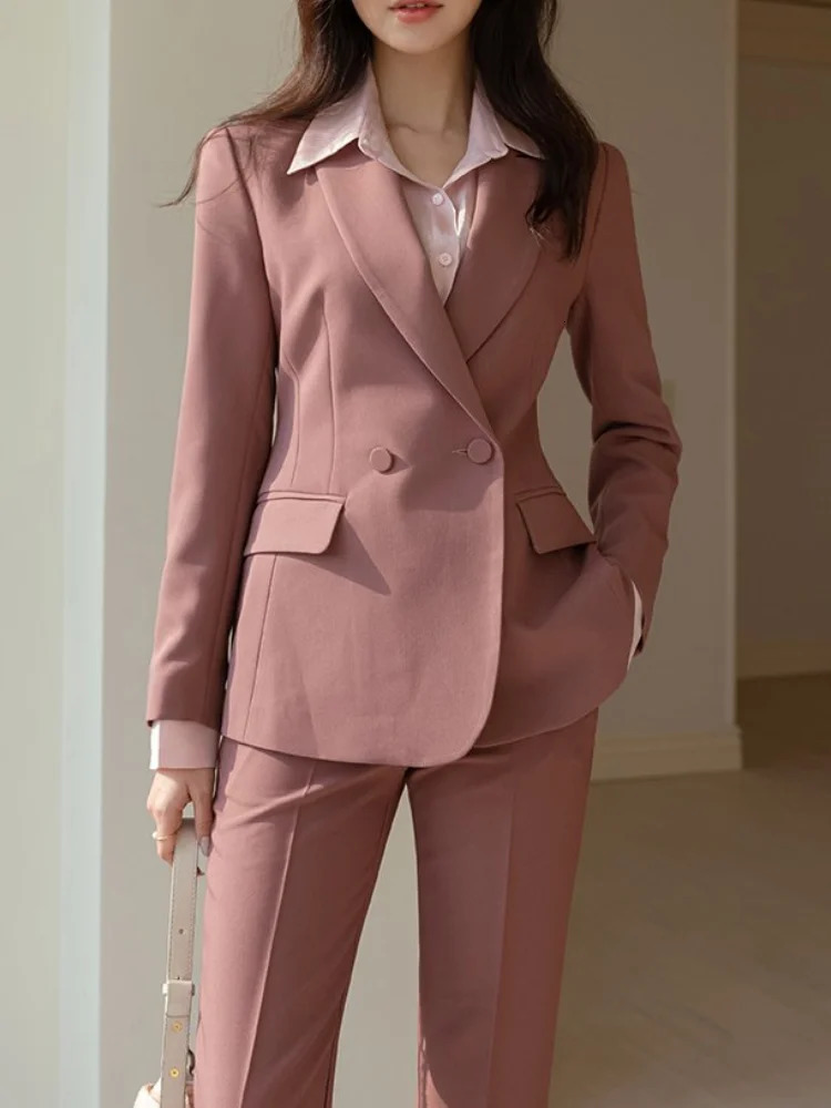 Women Casual Vintage Formal Pantsuit Breasted Blaser Jackets Solid Elegant Pantalons 2 Piece Female Business Trousers Outfits 240130