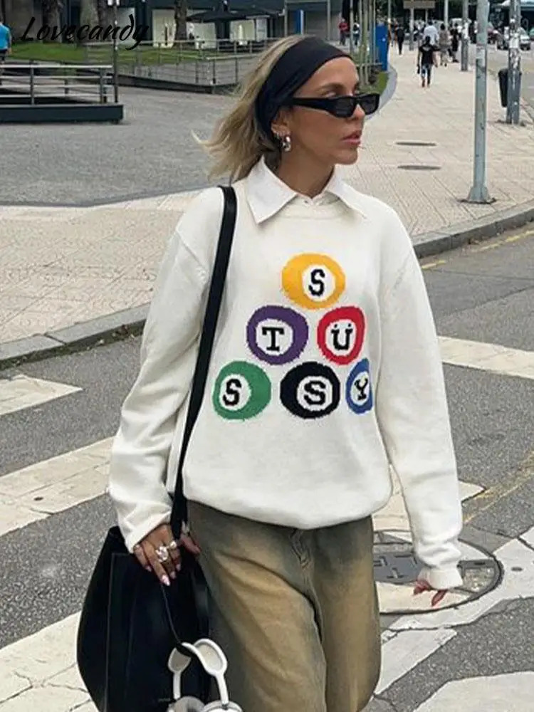 Letter Printed Knitted Loose Sweater for Women Fashion Crew Neck Long Sleeve Warm Pullover Female Casual Chic High Street Tops 240130