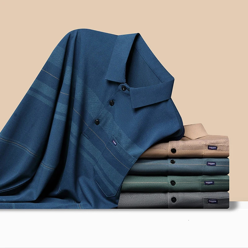 Autum Long Sleeve Polo Shirt Korean Breathable Fashion Business Tops Spring Anti-wrinkle Printed Shirt Men 240126