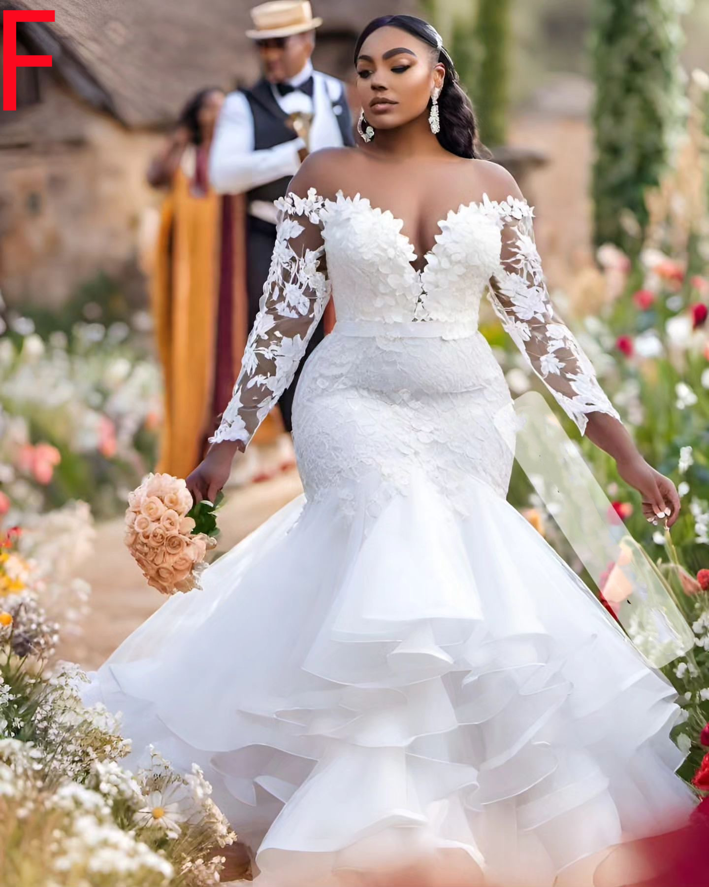 2024 Arabic Aso Ebi Plus Size White Lace Mermaid Wedding Dress Sheer Neck Long Sleeves Bridal Gowns Dresses
