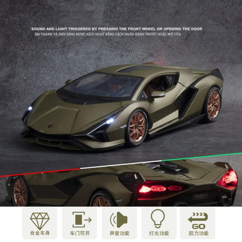1/18 Lambor Car Model Alloy Diecast Boys Toy SIAN FKP37 Supercar High simulation 4 Door Opened With Light Collections Kids Toy 240131