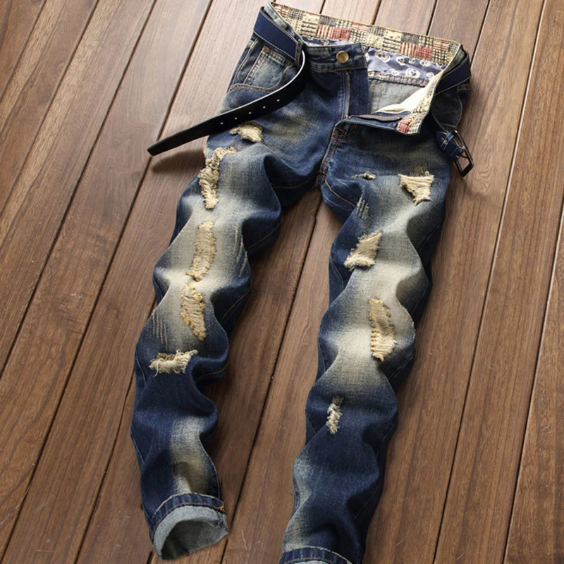 Men Jeans Streetwear Ripped Denim Pants Trend Trousers Hole Ruined Casual Biker Destroyed Regular Straight 240131