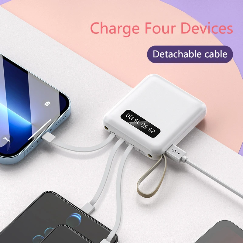 4-in-1 Mini Power Bank 20000mAh With 4 Cable Mobile External Battery Charger for iPhone Samsung Huawei Xiaomi Portable Powerbank