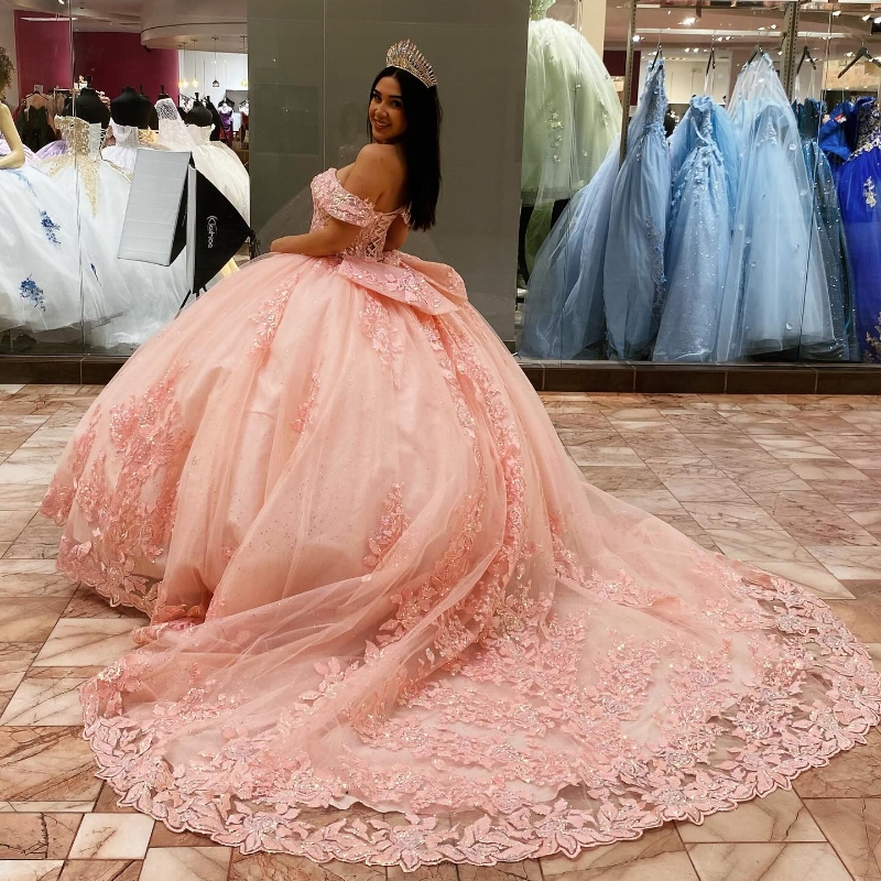 Sparkly Pink Quinceanera 2024 Ball Gown Appliques Lace Beading Tull Puffy Skirt Sweet 16 Dress Vestidos De 15 0629