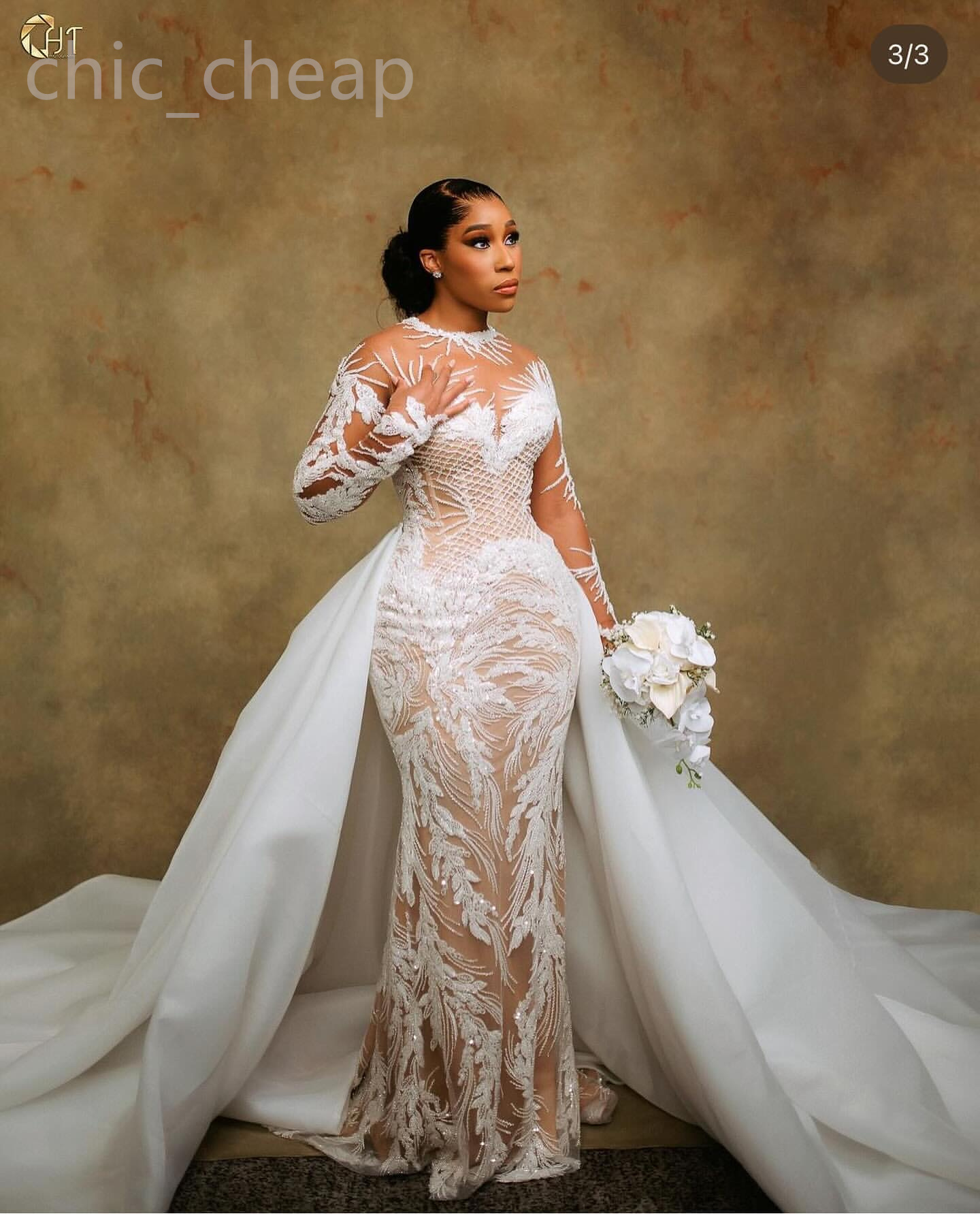 2024 Arabic Aso Ebi Plus Size Illusion Mermaid Ivory Wedding Dress Beaded Sequined Lace Bridal Gowns Dresses ZJ033