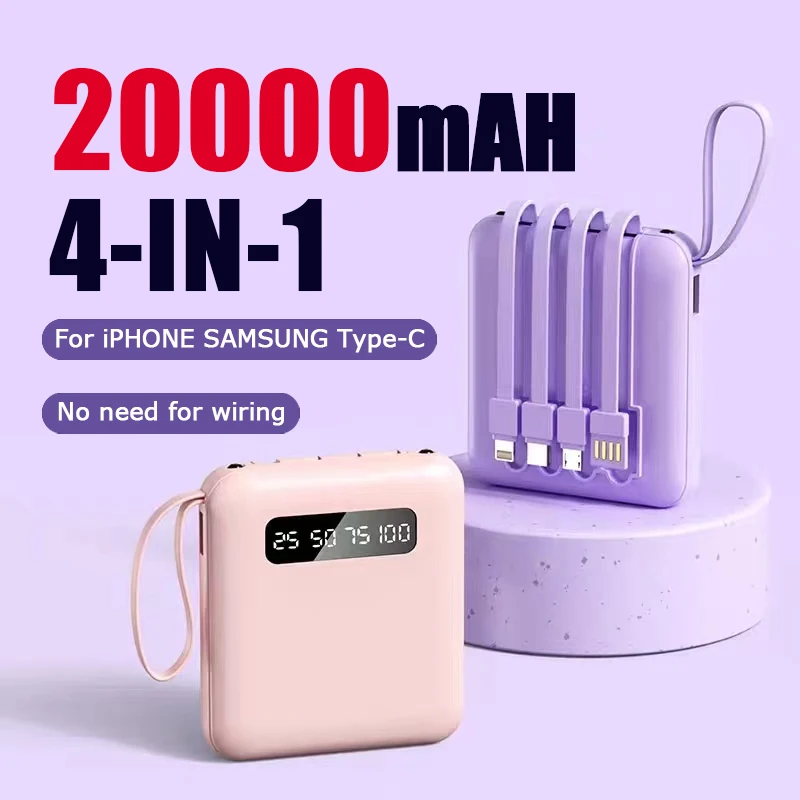 4-in-1 Mini Power Bank 20000mAh With 4 Cable Mobile External Battery Charger for iPhone Samsung Huawei Xiaomi Portable Powerbank