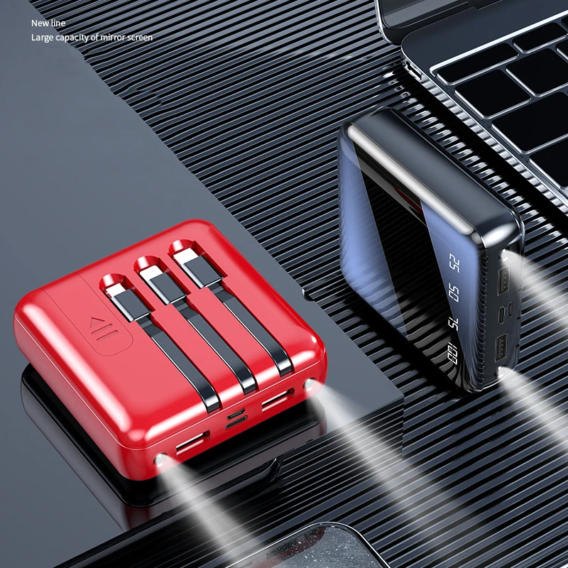 20000mAh Mini Built in Cable Portable Charger Full Mirror Screen Powerbank External Battery Pack Power Bank with Dual
