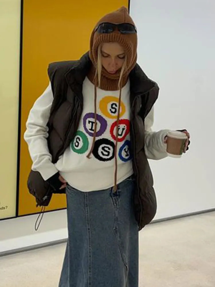 Letter Printed Knitted Loose Sweater for Women Fashion Crew Neck Long Sleeve Warm Pullover Female Casual Chic High Street Tops 240130