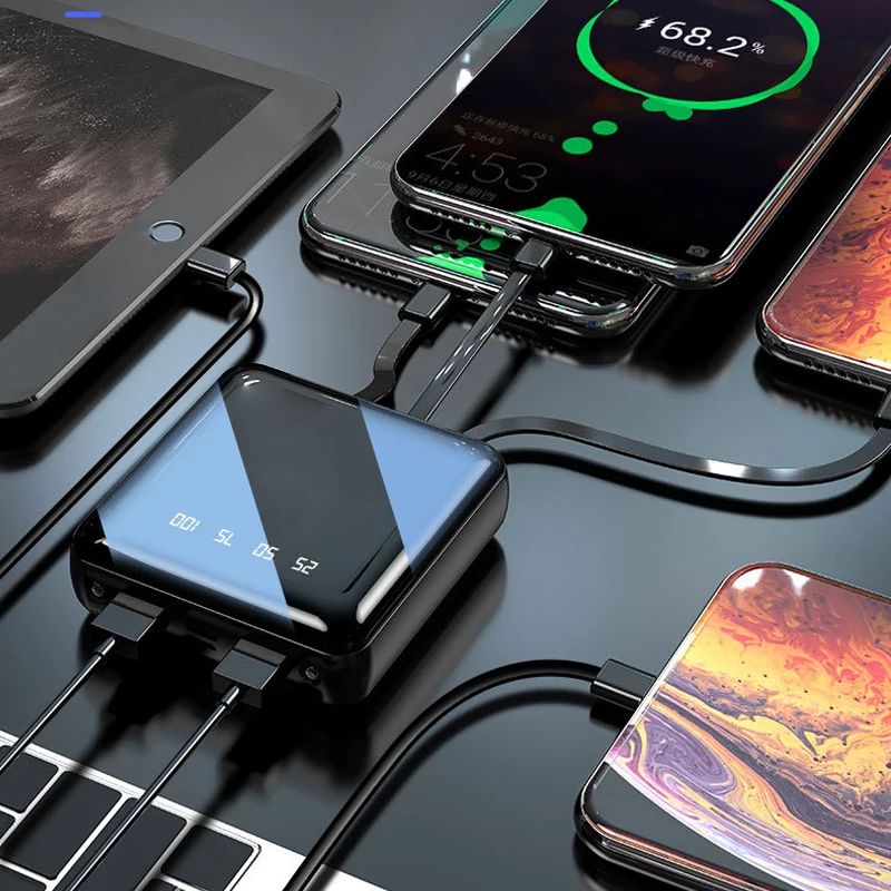 20000mAh Mini Built in Cable Portable Charger Full Mirror Screen Powerbank External Battery Pack Power Bank with Dual