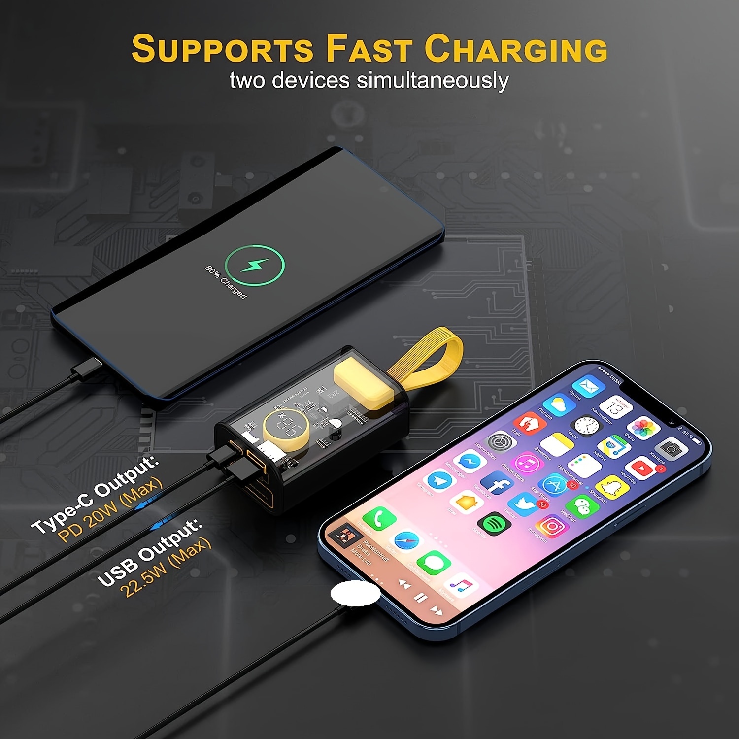 Charger 30000mAh 22.5W Fast Charging Small Power Bank Transparent,Input/Output External USB C Portable Phone Charge For IPhone IPad Samsung