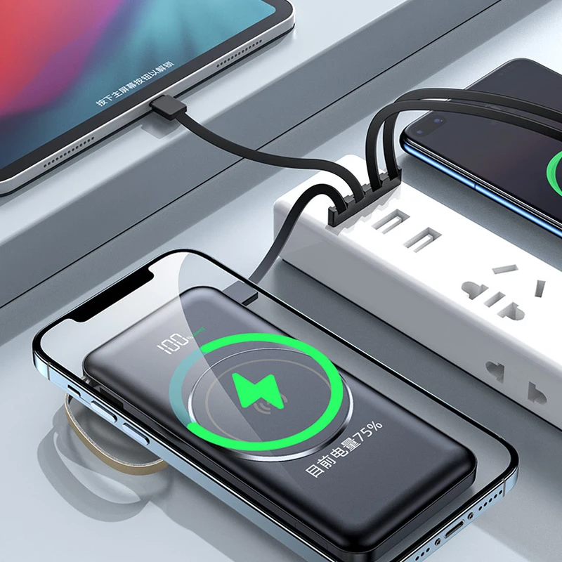 20000mah Magnetic For iPhone 12 13 14 Powerbank Built in Cables Fast Charge Wireless Power Bank External Battery Pack