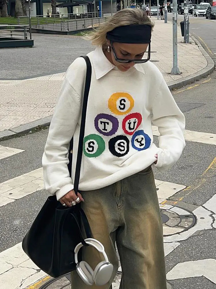 Letter Printed Knitted Loose Sweater for Women Fashion Crew Neck Long Sleeve Warm Pullover Female Casual Chic High Street Tops 240130