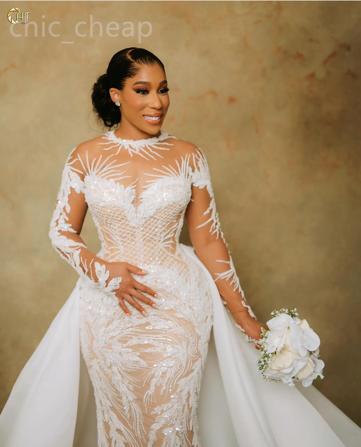 2024 Arabic Aso Ebi Plus Size Illusion Mermaid Ivory Wedding Dress Beaded Sequined Lace Bridal Gowns Dresses ZJ033