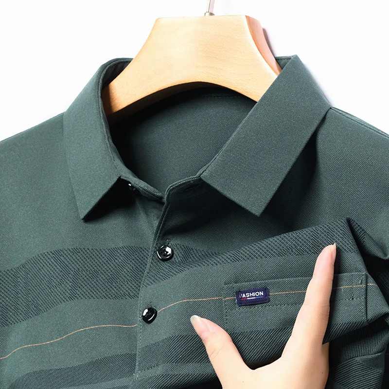 Autum Long Sleeve Polo Shirt Korean Breathable Fashion Business Tops Spring Anti-wrinkle Printed Shirt Men 240126