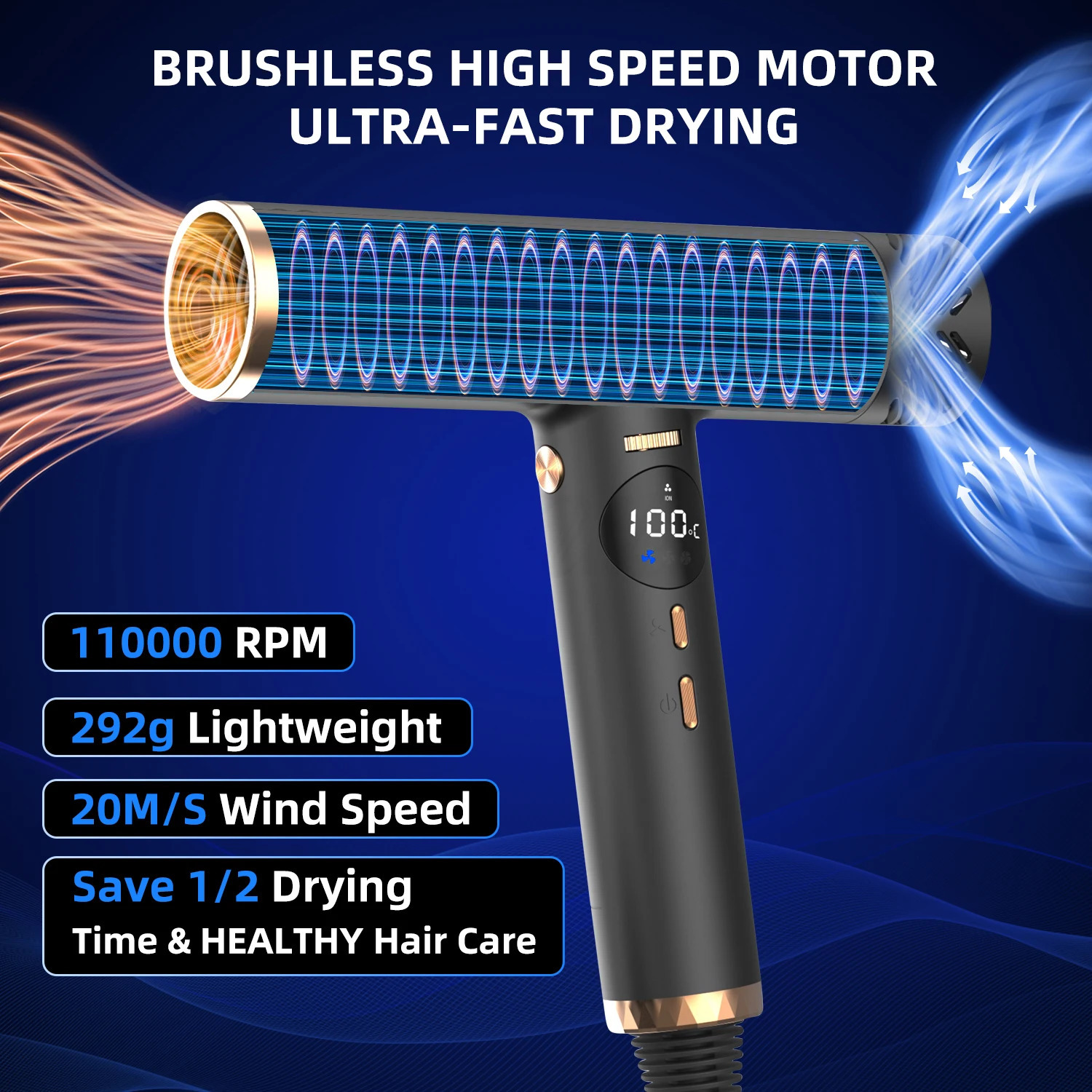 110000RPM High-Speed Hair Dryer Brushless Motor Strong Wind Ionic Blow Dryer LED Display Screen Hairdryer Low Noise Hair Dryers 240119