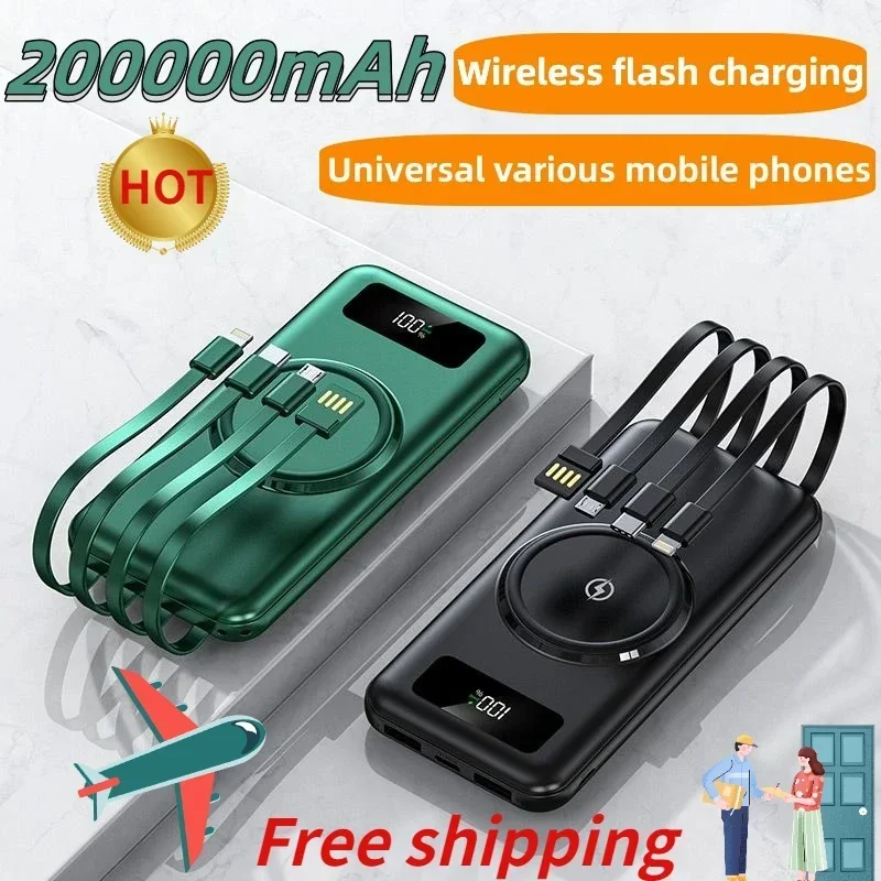 New 20000mAh Wireless Power Bank With Large Capacity OF Fast Charging Apple Android Universal Built-in Cable Mobile Power Supply
