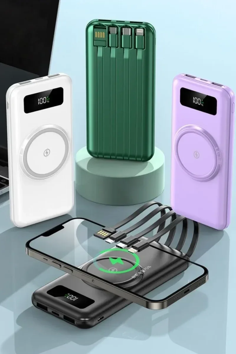 New 20000mAh Wireless Power Bank With Large Capacity OF Fast Charging Apple Android Universal Built-in Cable Mobile Power Supply