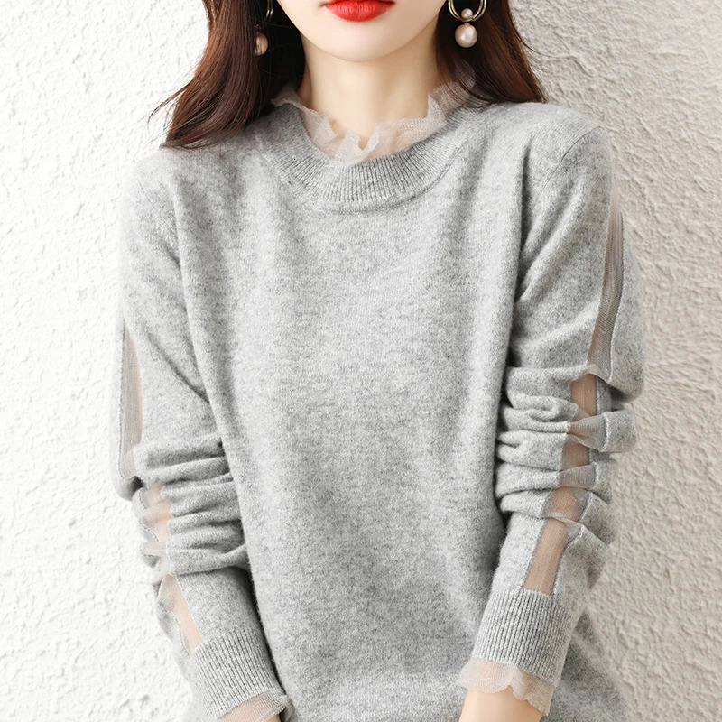 Lace collar Cashmere Elegant Women Sweater Knitted Pullovers Loose Soft Female Knitwear Jumper 240130