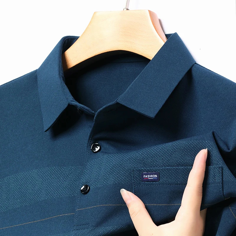 Autum Long Sleeve Polo Shirt Korean Breathable Fashion Business Tops Spring Anti-wrinkle Printed Shirt Men 240126