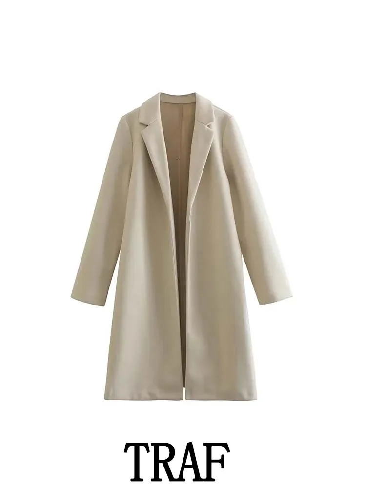 TRAF Women Multicolor Woolen Lapel Long Coats Fashion Vintage Long Sleeve Autumn Winter Loose Overcoat Warm Tops 240127