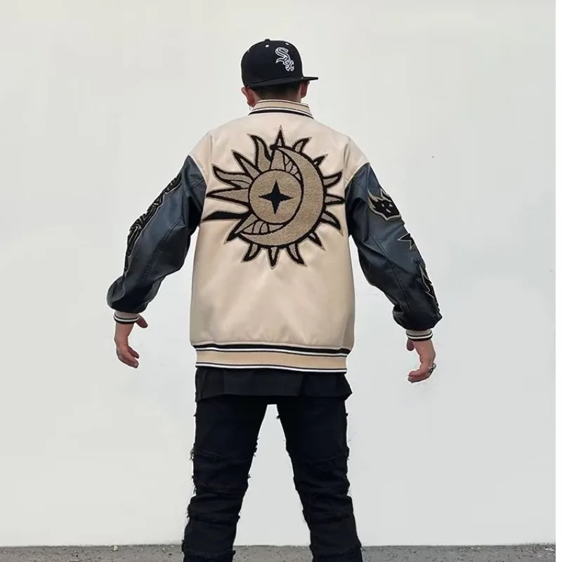 Embroidery Bomber Jacket Men Women Sun Letter Flocking Loose Casual Patchwork Coat Unisex High Street Varsity Baseball Outwear 240126