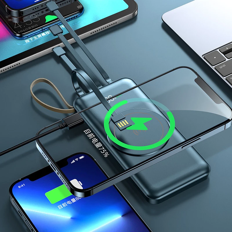 20000mah Magnetic For iPhone 12 13 14 Powerbank Built in Cables Fast Charge Wireless Power Bank External Battery Pack