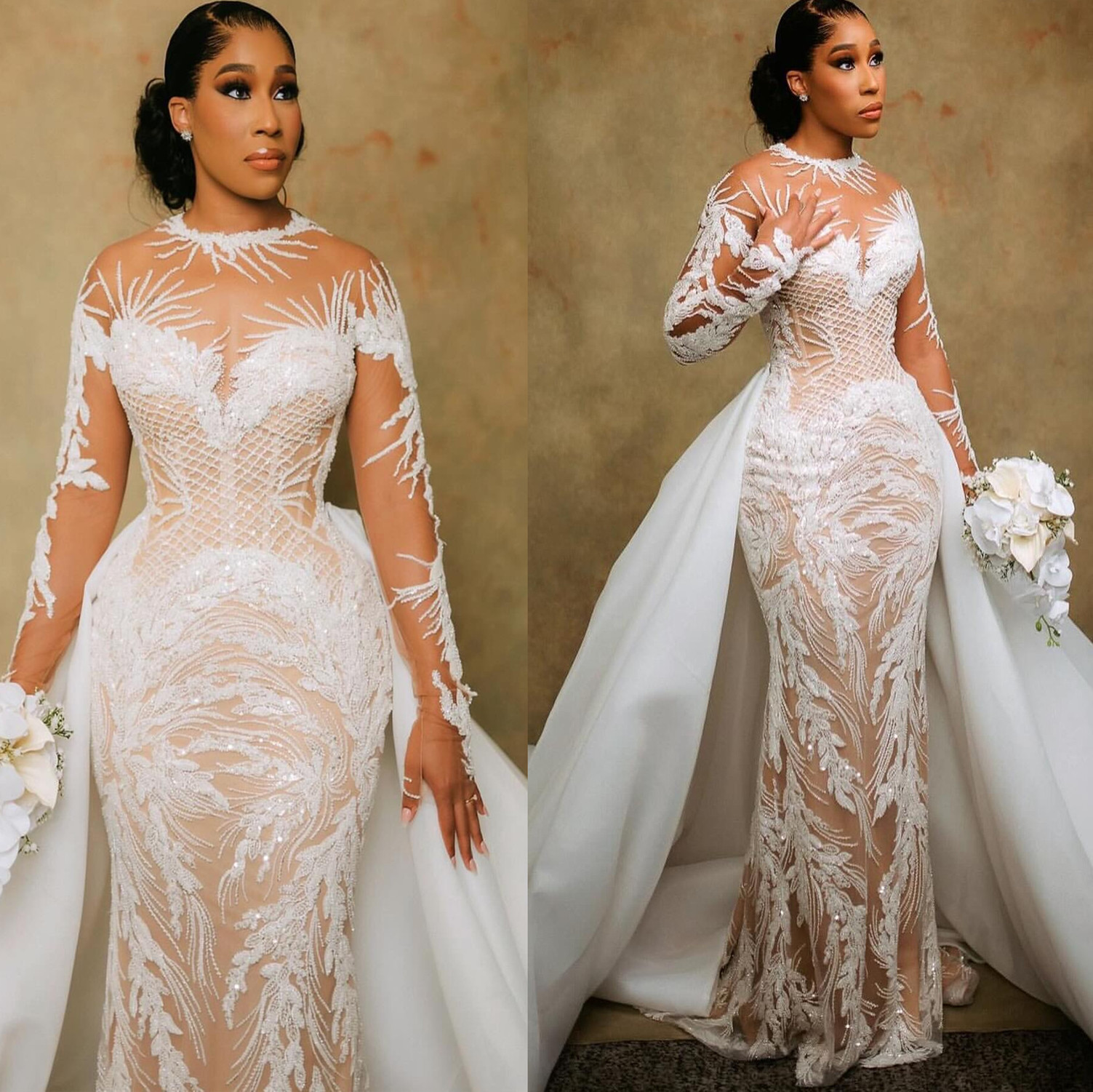 2024 Arabic Aso Ebi Plus Size Illusion Mermaid Ivory Wedding Dress Beaded Sequined Lace Bridal Gowns Dresses ZJ033