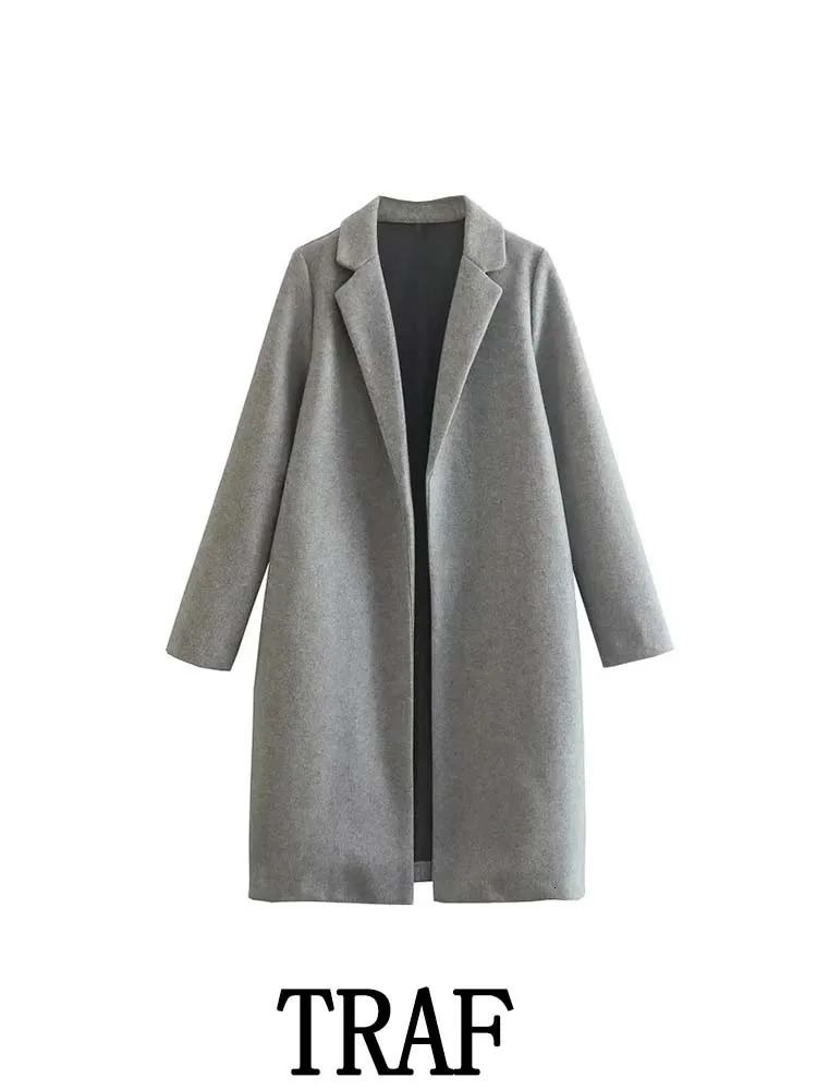 TRAF Women Multicolor Woolen Lapel Long Coats Fashion Vintage Long Sleeve Autumn Winter Loose Overcoat Warm Tops 240127