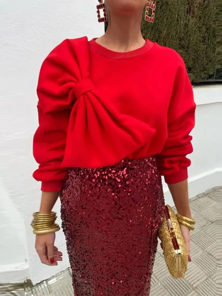 Bow O Neck Women Pullover Long Sleeve Solid Loose Female Tops Spring Fashion Casual All Match Lady Blouses 240130