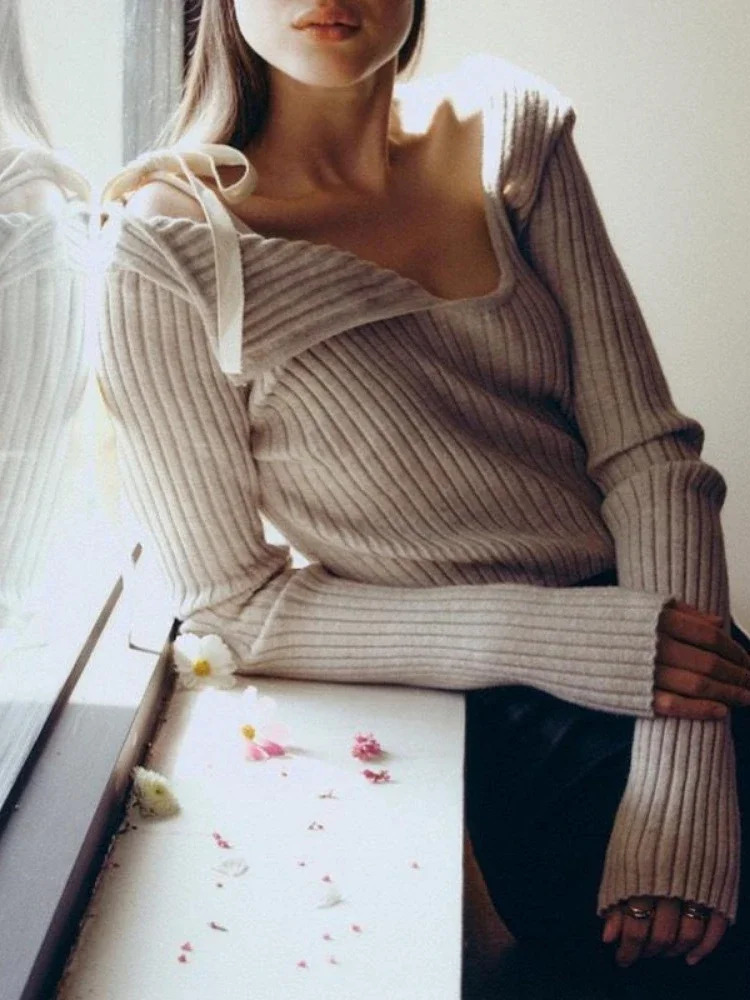 QWEEK Bandage Knitted Off Shoulder Pullovers Women American Retro Vintage Sexy Elegant Prevalent Bow Slim Sweater Spring 240130