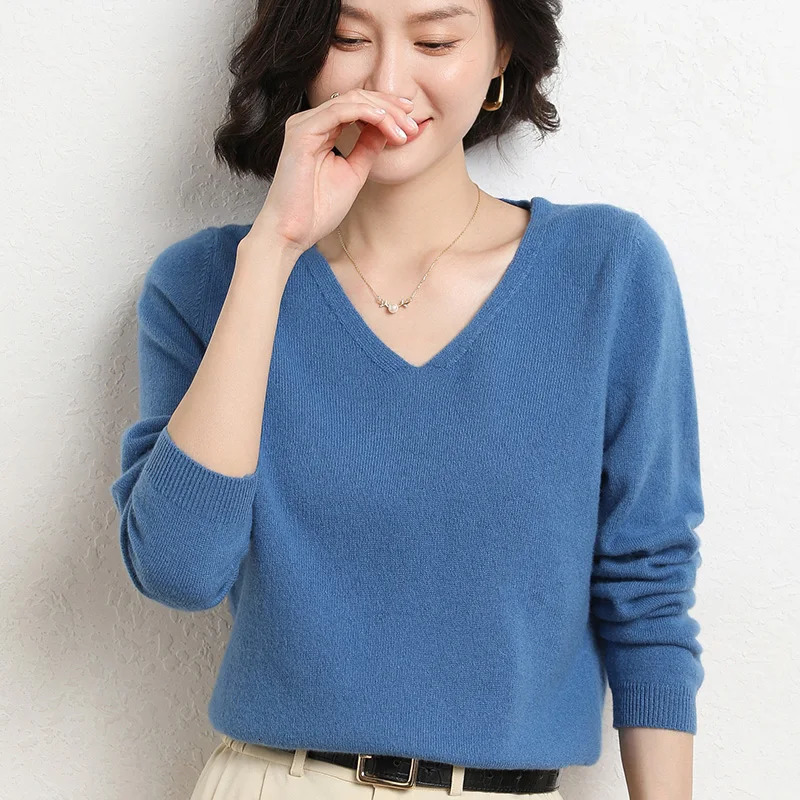 Spring and Autumn Cashmere Sweater Womens Pullover Vneck Knitted Top Long Sleeve 240130