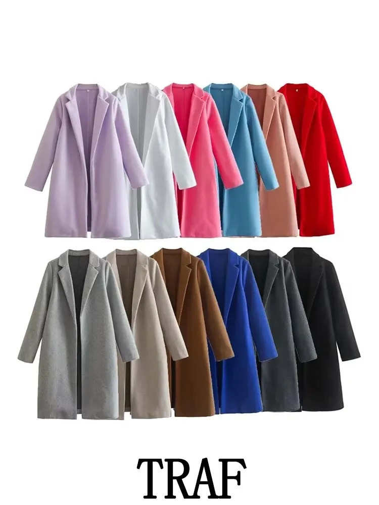 TRAF Women Multicolor Woolen Lapel Long Coats Fashion Vintage Long Sleeve Autumn Winter Loose Overcoat Warm Tops 240127