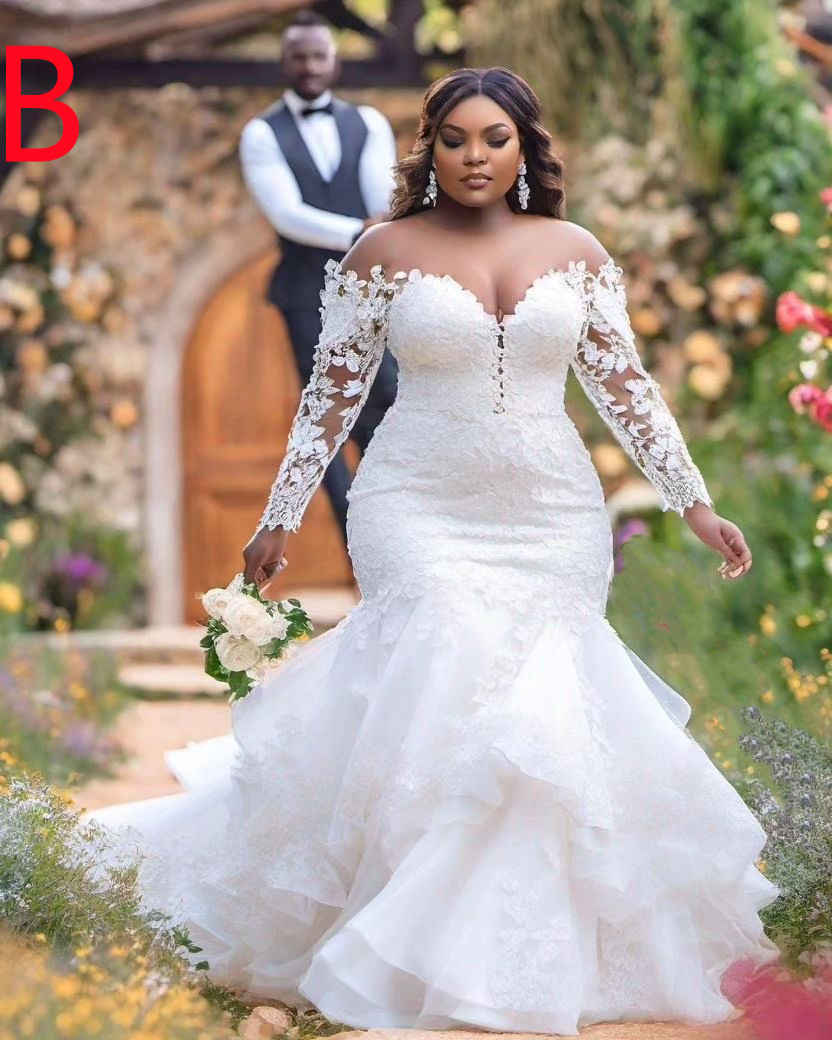 2024 Arabic Aso Ebi Plus Size White Lace Mermaid Wedding Dress Sheer Neck Long Sleeves Bridal Gowns Dresses