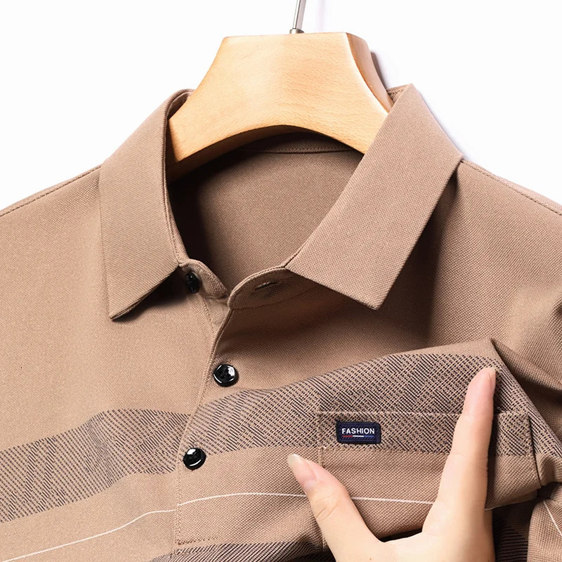 Autum Long Sleeve Polo Shirt Korean Breathable Fashion Business Tops Spring Anti-wrinkle Printed Shirt Men 240126