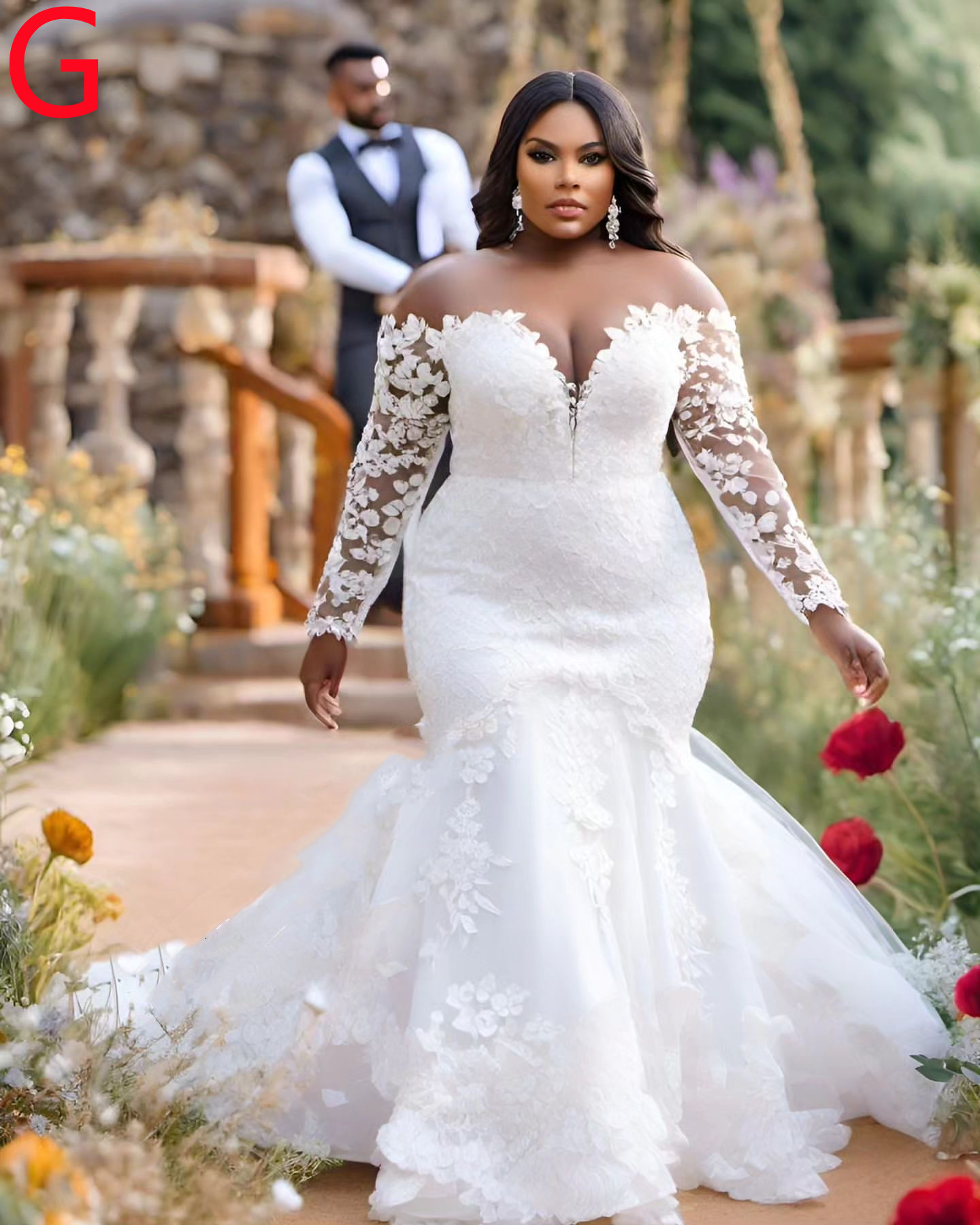 2024 Arabic Aso Ebi Plus Size White Lace Mermaid Wedding Dress Sheer Neck Long Sleeves Bridal Gowns Dresses