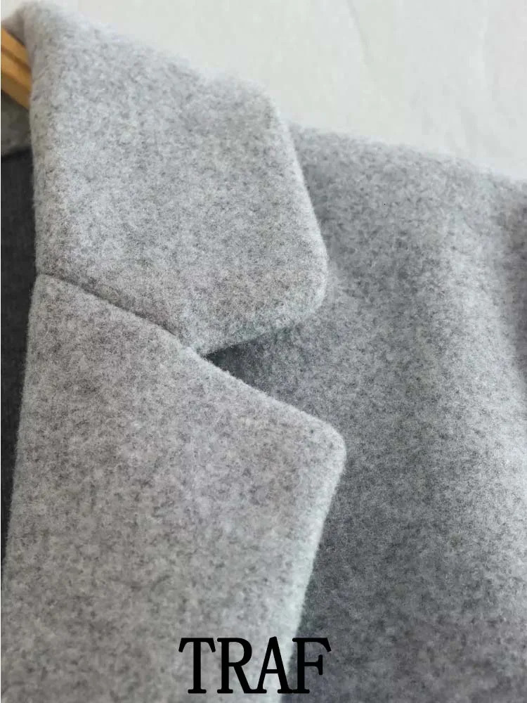 TRAF Women Multicolor Woolen Lapel Long Coats Fashion Vintage Long Sleeve Autumn Winter Loose Overcoat Warm Tops 240127