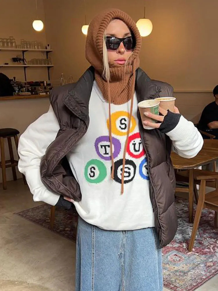 Letter Printed Knitted Loose Sweater for Women Fashion Crew Neck Long Sleeve Warm Pullover Female Casual Chic High Street Tops 240130