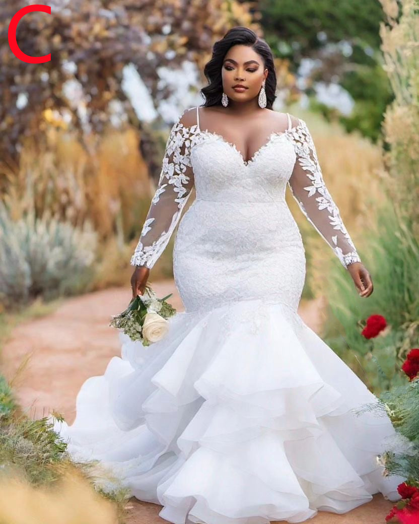 2024 Arabic Aso Ebi Plus Size White Lace Mermaid Wedding Dress Sheer Neck Long Sleeves Bridal Gowns Dresses