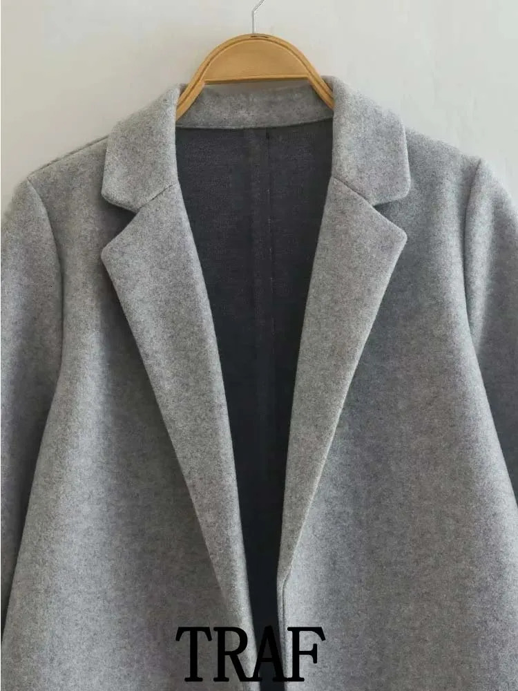TRAF Women Multicolor Woolen Lapel Long Coats Fashion Vintage Long Sleeve Autumn Winter Loose Overcoat Warm Tops 240127
