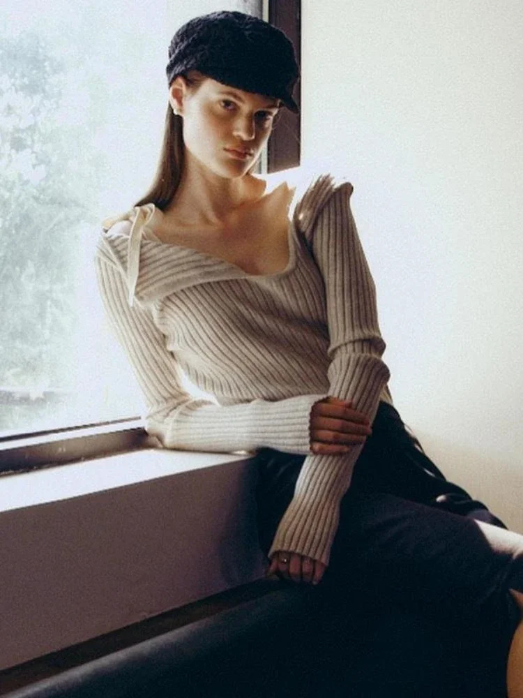 QWEEK Bandage Knitted Off Shoulder Pullovers Women American Retro Vintage Sexy Elegant Prevalent Bow Slim Sweater Spring 240130