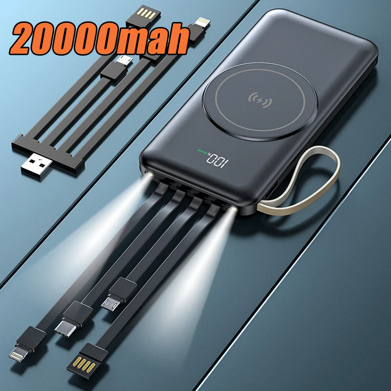 20000mah Magnetic For iPhone 12 13 14 Powerbank Built in Cables Fast Charge Wireless Power Bank External Battery Pack