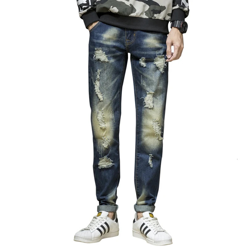 Men Jeans Streetwear Ripped Denim Pants Trend Trousers Hole Ruined Casual Biker Destroyed Regular Straight 240131